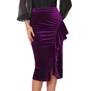 Women Bodycon Skirt Ruffled Ruched Formal Midi Velvet Skirt Purple